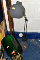 A GROUP OF VINTAGE GOLF CLUBS, LAMPS AND FIRE IRONS, comprising four hickory shaft golf clubs to