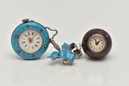 TWO ENAMEL FOB WATCHES, the first a white metal light blue guilloche enamel fob watch with small