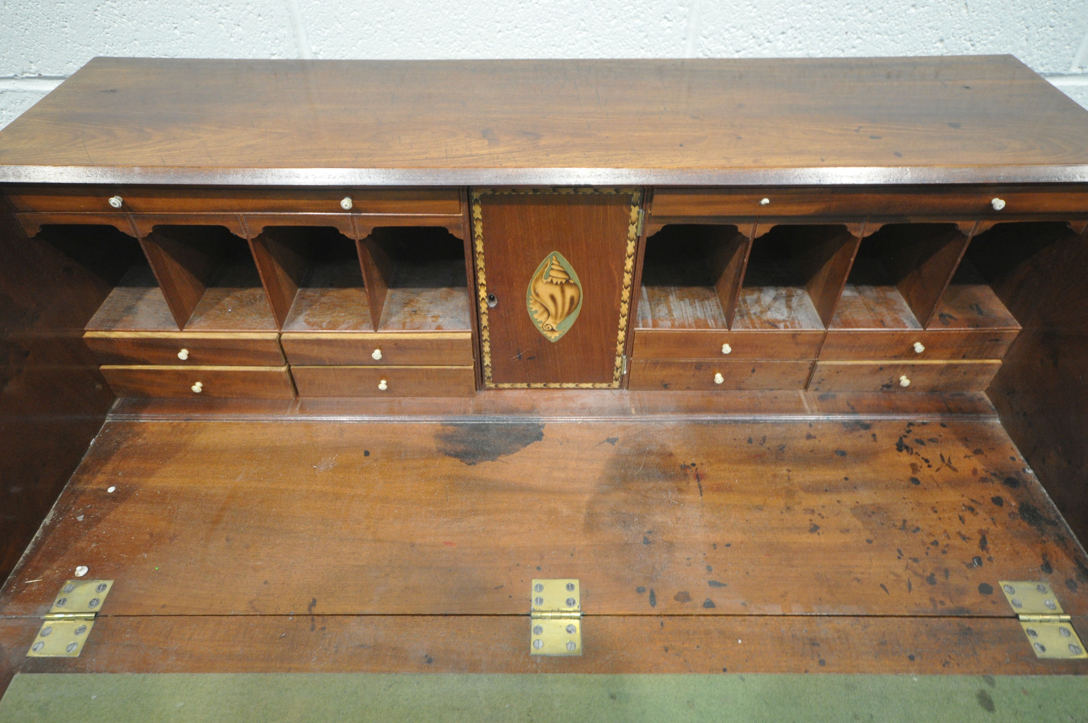 A GEORGIAN MAHOGANY BUREAU, the fall front door enclosing a fitted interior, above four drawers, - Image 3 of 6