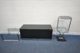 A MODERN BLACK GLASS TV STAND, with three doors, width 126cm x depth 48cm x height 54cm, a