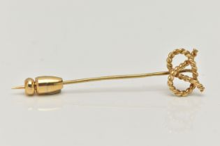 AN 18CT GOLD STAFFORDSHIRE KNOT STICK PIN, rope twist knot to a polished pin, hallmarked 18ct