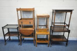 A SELECTION OF 20TH CENTURY OCCASIONAL FURNITURE, to include four two tier tea trolleys, an oak
