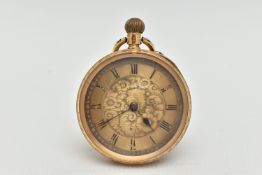 A LADIES YELLOW METAL OPEN FACE POCKET WATCH, manual wind, round gold floral dial, Roman numerals,