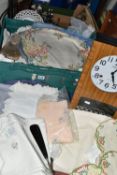 TWO BOXES AND LOOSE TABLE LINEN AND SUNDRY ITEMS ETC, to include a Rhythm 30 day chiming wall