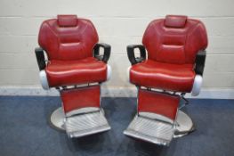 A PAIR OF RETRO BARBERS CHAIRS, with red leatherette upholstery, on a chrome base height