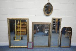 A SELECTION OF VARIOUS MIRRORS, to include three rectangular gilt framed wall mirrors, largest 120cm