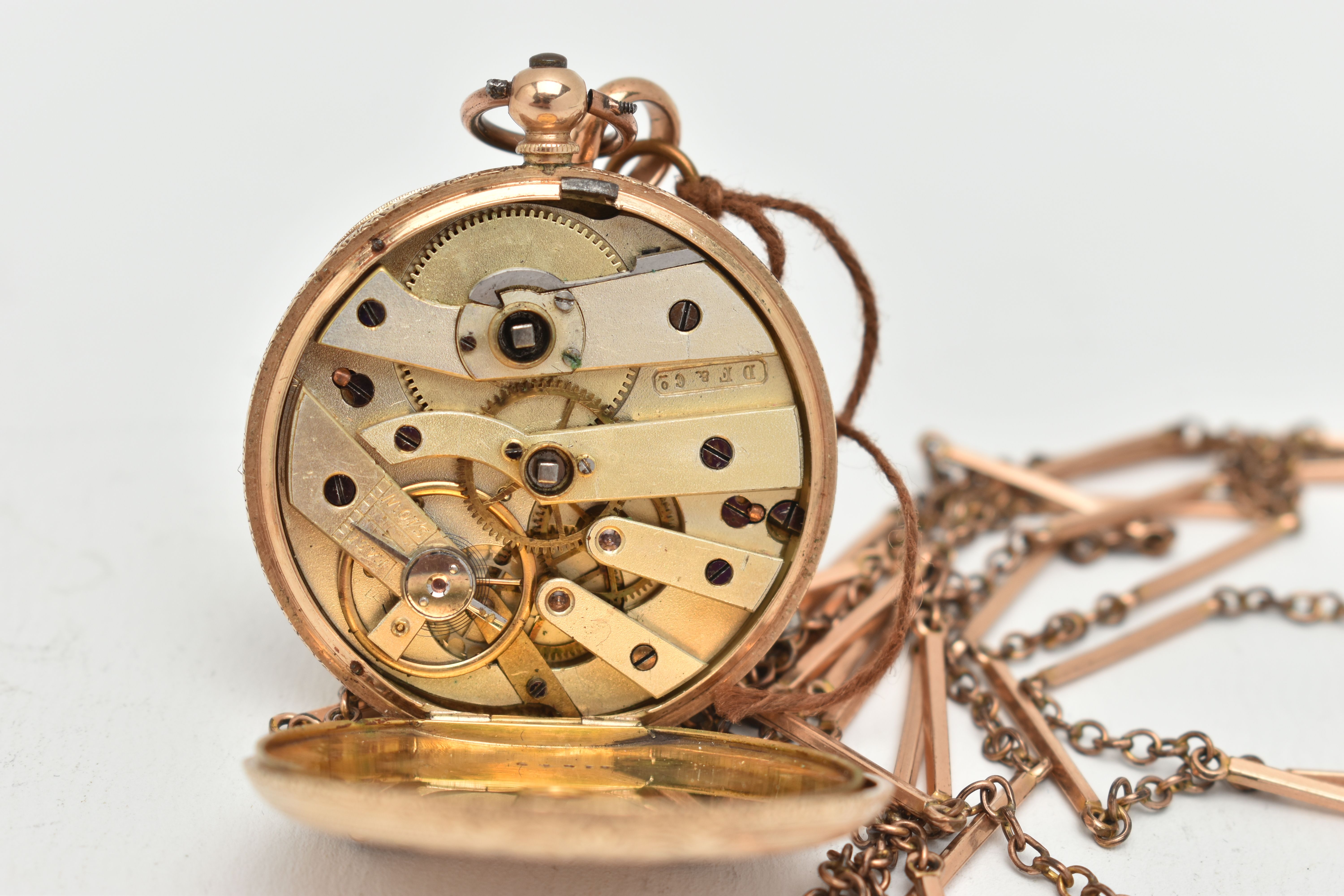 A YELLOW METAL POCKET WATCH AND LONGUARD CHAIN, key wound half hunter pocket watch, floral and - Image 6 of 6