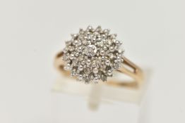 A 9CT GOLD DIAMOND CLUSTER RING, twenty two, single cut diamonds prong set in white gold, leading on