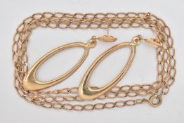 A 9CT GOLD CURB LINK CHAIN AND A PAIR OF YELLOW METAL EARRINGS, chain fitted with a spring clasp,