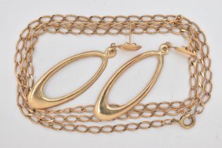 A 9CT GOLD CURB LINK CHAIN AND A PAIR OF YELLOW METAL EARRINGS, chain fitted with a spring clasp,