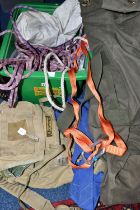 A BOX OF CLIMBING AND OUTDOOR EQUIPMENT, to include rope, carabiners, harness, Karrimor rucksack and