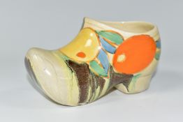 A CLARICE CLIFF SABOT/CLOG, in Citrus Delicia pattern painted with oranges on a dribbled green and
