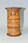 A TREEN THREE COMPARTMENT SPICE TOWER, labelled Mace, Ginger and All - Spice, approximate height