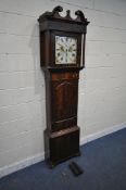 A 19TH CENTURY FLAME MAHOGANY EIGHT DAY GRANDFATHER CLOCK, with swan neck pediments, above