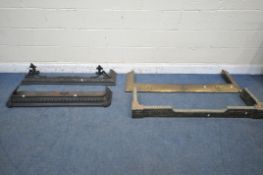 TWO WROUGHT IRON FENDERS, largest length 121cm x depth 29cm x height 27cm, along with a beaten brass