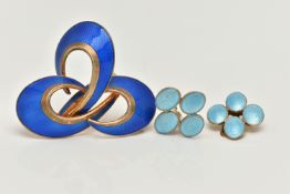 A NORWEIGAN ENAMEL BROOCH AND EARRINGS, a blue guilloche enameled hooped crescent brooch, stamped