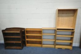 A VARIETY OF OPEN BOOKCASES, to include two 20th century Remploy four tier bookcase, largest width