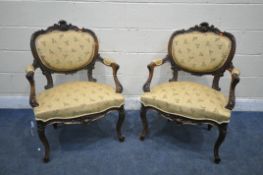 A PAIR OF 19TH CENTURY WALNUT FRENCH LOUIS XV STYLE ARMCHAIRS, with foliate carving, open