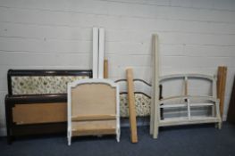 A SELECTION OF BED PARTS, to include a Heals & son headboard and footboard, a cream painted French