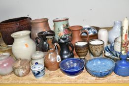 A COLLECTION OF ART POTTERY, over thirty six pieces, to include a Bretby Clanta jardiniere, a ribbed