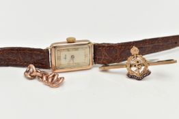 A LADIES EARLY 20TH CENTURY 9CT GOLD WRISTWATCH, A BROOCH AND PART CURB LINK BRACELET, manual wind