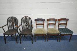 A SELECTION OF CHAIRS, to include a pair of elm seated wheel back armchairs, and a set of three