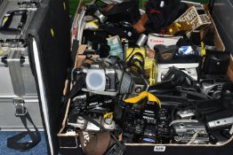 TWO BOXES OF VINTAGE CAMERAS AND PHOTOGRAPHIC EQUIPMENT, to include lens cases, tripods, flashes, an
