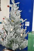 A BOX AND LOOSE CHRISTMAS TREE, LIGHTS AND DECORATIONS, to include a snow effect Christmas tree,