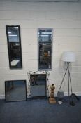 A SELECTION OF MIRRORS AND LAMPS, to include a silver painted rectangular bevelled edge wall mirror,