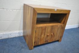 A HARDWOOD CABINET, with two cupboard doors, width 80cm x depth 51cm x height 75cm (condition