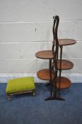 A 20TH CENTURY MAHOGANY FOUR TIER FOLDING CAKE STAND, height 89cm, along with a small stool (