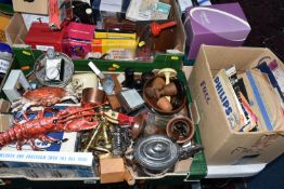 FOUR BOXES OF MISCELLANEOUS SUNDRIES, to include a pair of solid brass hot & cold bath/sink taps,
