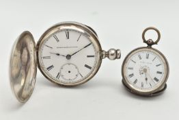 TWO WHITE METAL POCKET WATCHES, the first a full hunter, key wound movement, dial signed 'Elgin natl
