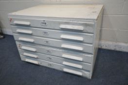 A 20TH CENTURY WHITE PAINTED TWO SECTION PLAN CHEST, with six long drawers, width 115cm x depth 79cm