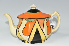 A CLARICE CLIFF 'DOUBLE V' TEAPOT, of octagonal form, painted with black and yellow inverted V