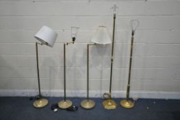 FIVE BRASSED STANDARD LAMPS, three with swing arm mechanisms (condition report: all in need of