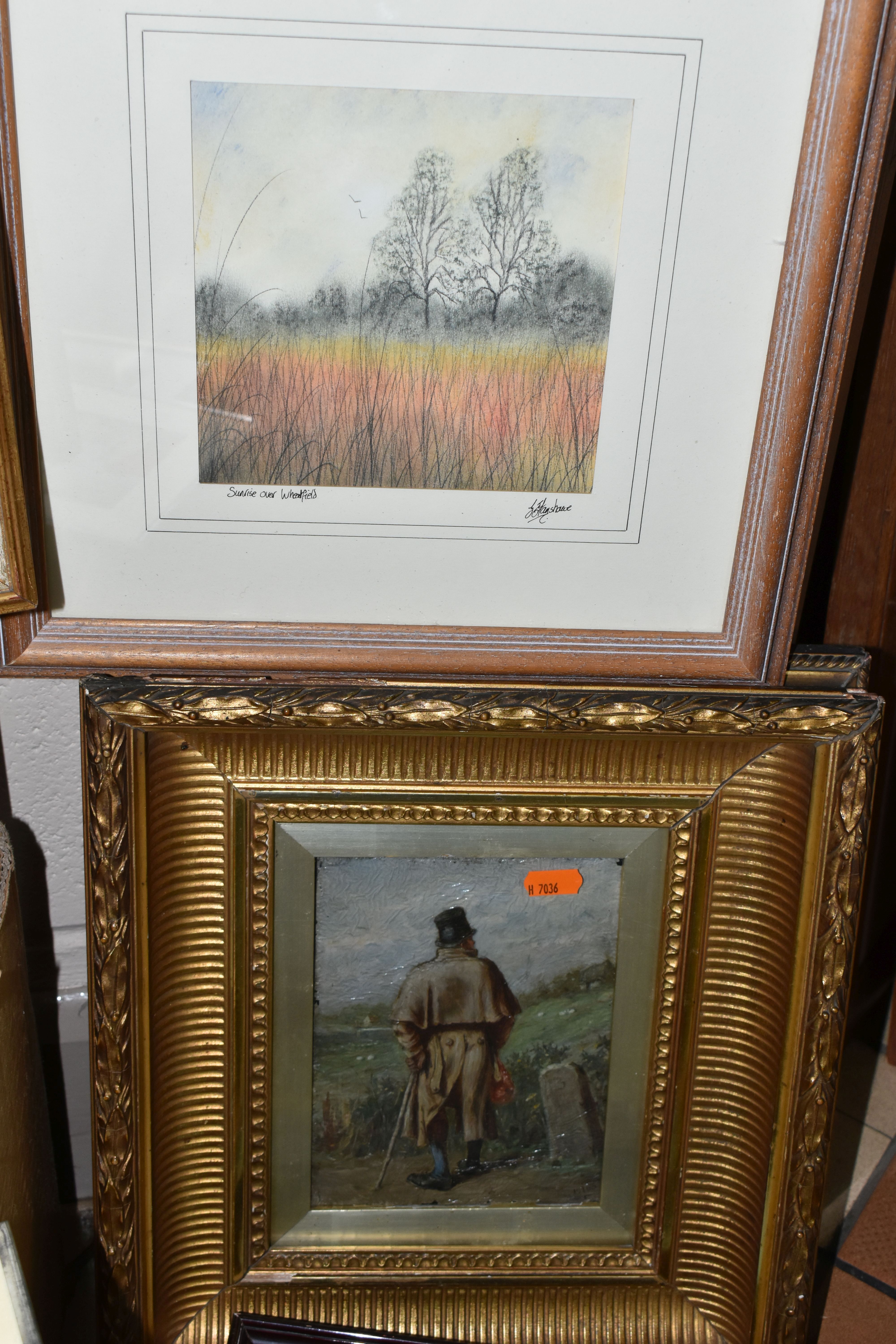 A BOX OF 20TH CENTURY PAINTINGS, comprising an oil on board depicting a Victorian style male - Image 5 of 6