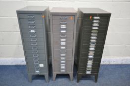 THREE METAL FILING CABINETS, two with fifteen drawers, the other with twenty-one drawers, largest