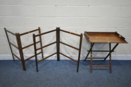 A 19TH CENTURY MAHOGANY FOLDING TRAY TABLE, with twin handles, on a turned base, width 74cm x