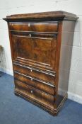 A 19TH CENTURY FLAME MAHOGANY ESCRITOIRE, with a stepped top, fitted with a single drawer, above a