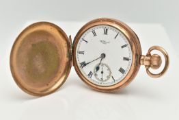 A 'WALTHAM' ROLLED GOLD FULL HUNTER POCKET WATCH, manual wind, round white dial signed 'Waltham U.