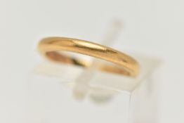 A YELLOW METAL POLISHED BAND RING, band width 2.2mm, unmarked, makers mark 'J.P.T', ring size G,