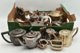 A BOX OF ASSORTED WHITE METAL WARE, to include an EPBM four piece tea set comprising of teapot,