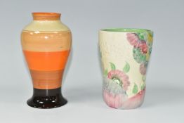 TWO CLARICE CLIFF VASES, in Pink Pearls and Liberty Stripe patterns, the Pink Pearls vase painted