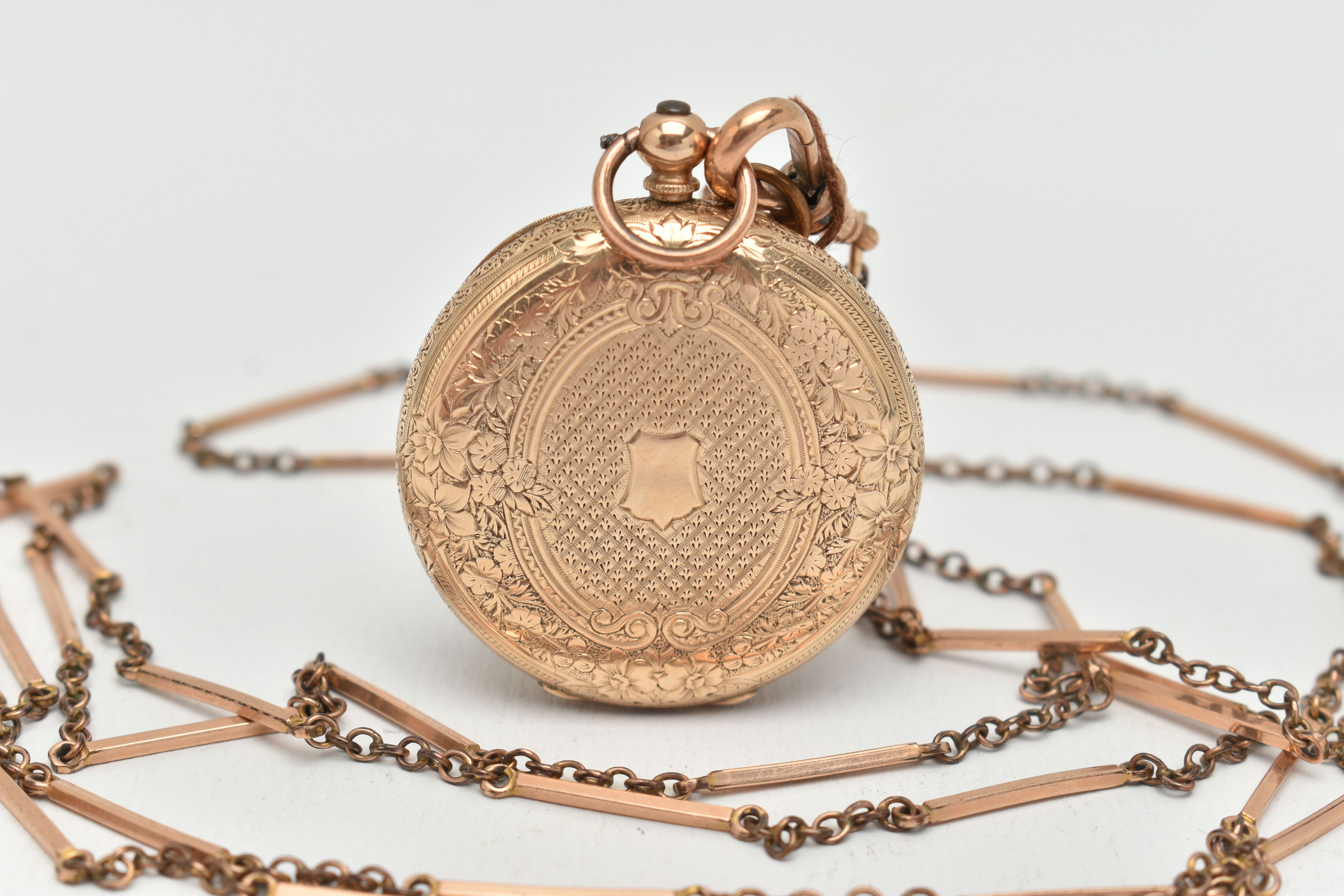 A YELLOW METAL POCKET WATCH AND LONGUARD CHAIN, key wound half hunter pocket watch, floral and - Image 3 of 6