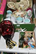 TWO BOXES AND LOOSE CERAMICS AND GLASS WARES, to include Masons 'Bible' pattern dinnerware: two