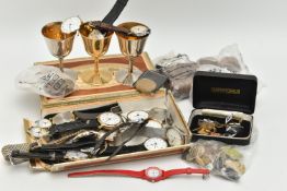 A BOX OF ASSORTED ITEMS, to include a selection of wristwatches, names to include Sekonda, Smiths
