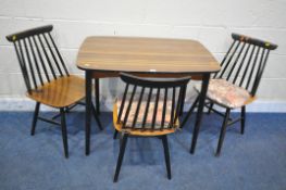 A 20TH CENTURY TEAK EFFECT FORMICA TOP TABLE, width 91cm x depth 61cm x height 74cm, along with a