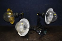 THREE MODERN OUTDOOR COACH HOUSE STYLE LAMPS with painted steel frames and painted plastic shades (