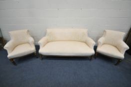A LATE 19TH CENTURY THREE PIECE SALON SUITE, comprising a sofa, length 160cm x depth 78cm x height